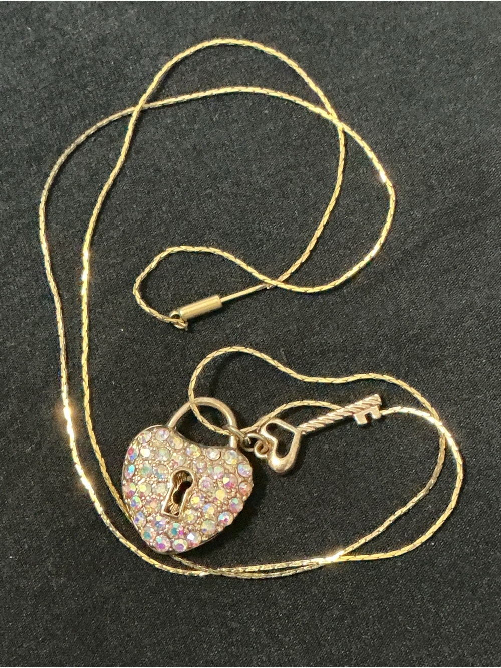 AB Crystal Gold Tone Puffy Heart and Key Pendant Necklace